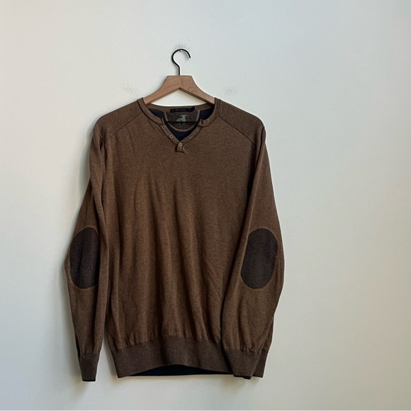 Raffi Reversible Vanise Henley Venley sweater Shirt Brownstone/Clay Elbow Patch - Picture 2 of 16